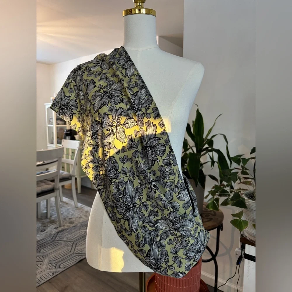 100% Silk J. Jill Infinity Scarf Reversible Olive Green & Black Floral SKU 4